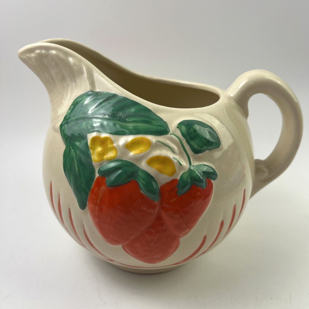 Vintage American Bisque Embossed Strawberry Ball Pitcher/Ice Lip Spout
